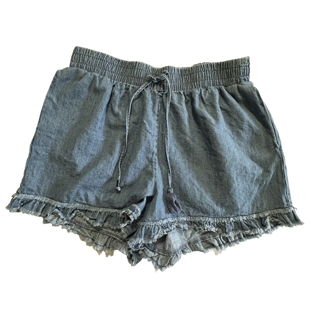 Wonderly Womens Chambray Pull On Shorts Blue Frayed Hem Tassel Drawstring Size L